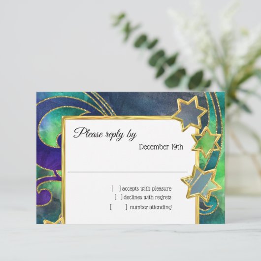 RSVP Gold Star Abstracte Waterverf Blauw Groen Kaart (Staand voorkant)