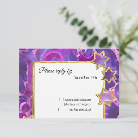 RSVP Gold Star Paarse roze damast Kaart (Staand voorkant)