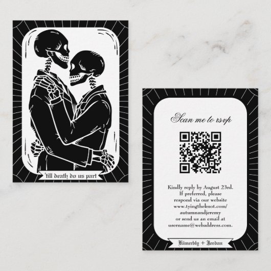 RSVP Gotische Skeletten Tot de Dood Huwelijk QR-co Informatiekaartje (Voorkant / Achterkant)