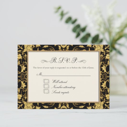 RSVP Goud Bloemen Damast Faux Glitter Bruiloft (Staand voorkant)
