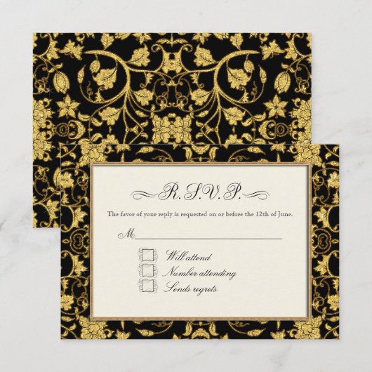 RSVP Goud Bloemen Damast Faux Glitter Bruiloft (Voorkant / Achterkant)