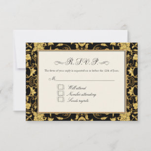 RSVP Goud Bloemen Damast Faux Glitter Bruiloft Kaartje