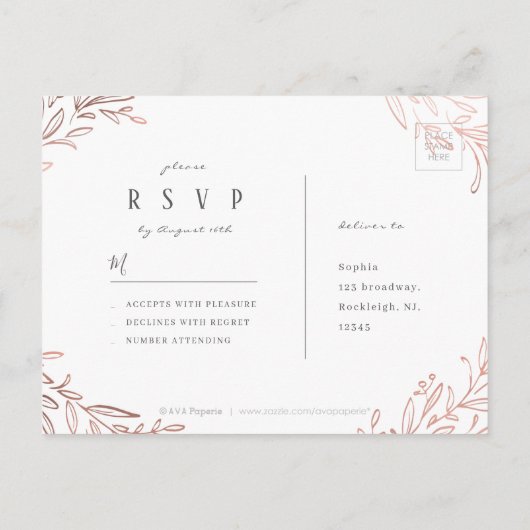 RSVP Goudbruin roos botanische elegante bruiloft Uitnodiging Briefkaart (Achterkant)