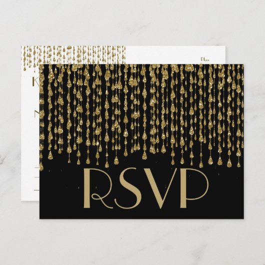 RSVP | Gouden Confetti met zwarte achtergrond Uitnodiging Briefkaart (Voorkant / Achterkant)