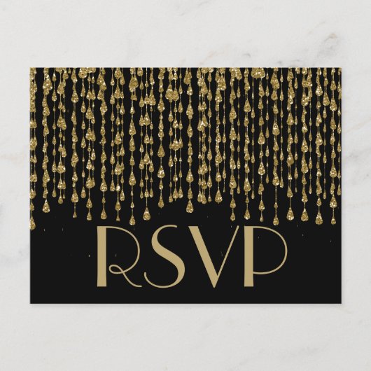RSVP | Gouden Confetti met zwarte achtergrond Uitnodiging Briefkaart (Voorkant)