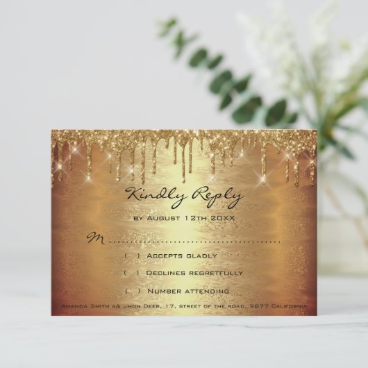 RSVP Gouden druppels glitters Bruiloft bruidsfeest Kaartje (Staand voorkant)