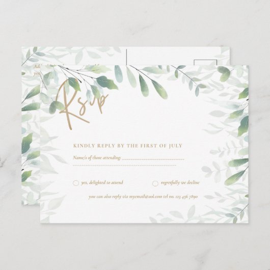 RSVP -  Groene Bladeren Goud  Ansichtkaart Briefkaart (Voorkant / Achterkant)