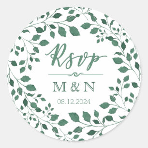 RSVP   Groene bladeren krans monogram bruiloft Ronde Sticker