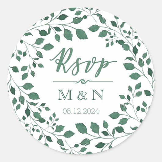 RSVP | Groene bladeren krans monogram bruiloft Ronde Sticker (Voorkant)