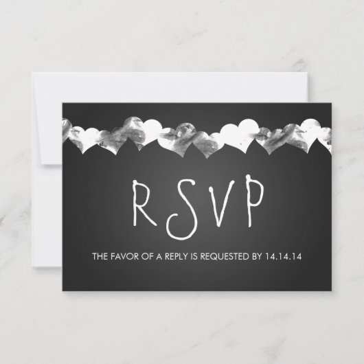 RSVP Grunge Hearts Black Weddenschap Kaartje (Voorkant)