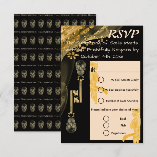 RSVP Hallowedding & Gold Nuggets Skull Keys Kaartje (Voorkant / Achterkant)