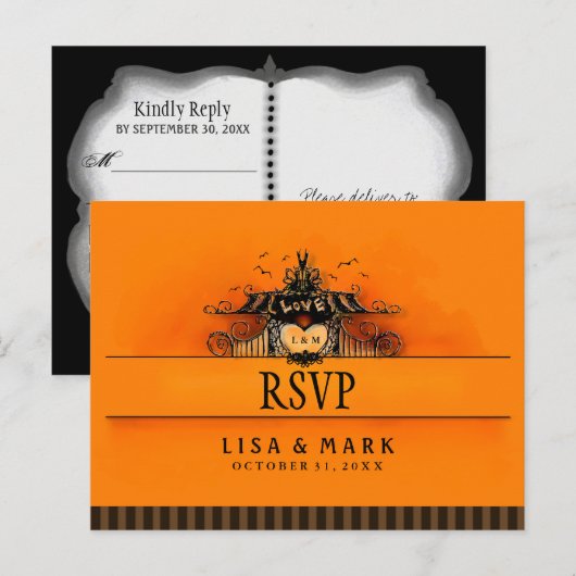 RSVP Halloween Briefkaart - Oranje & Zwarte Liefde (Voorkant / Achterkant)