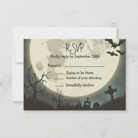RSVP Halloween bruiloft met volle maan en begraafp Kaartje (Voorkant)