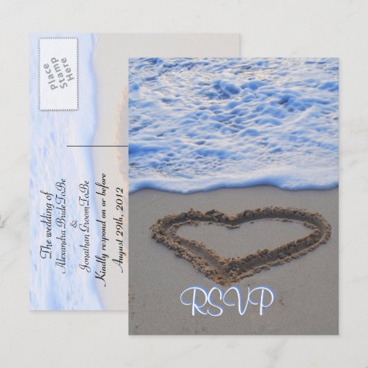 RSVP Heart in Sand at Beach Uitnodiging Briefkaart (Voorkant / Achterkant)