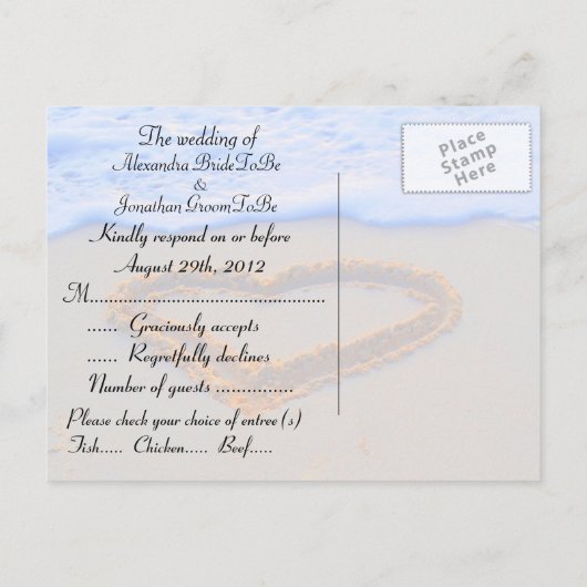 RSVP Heart in Sand at Beach Uitnodiging Briefkaart (Achterkant)