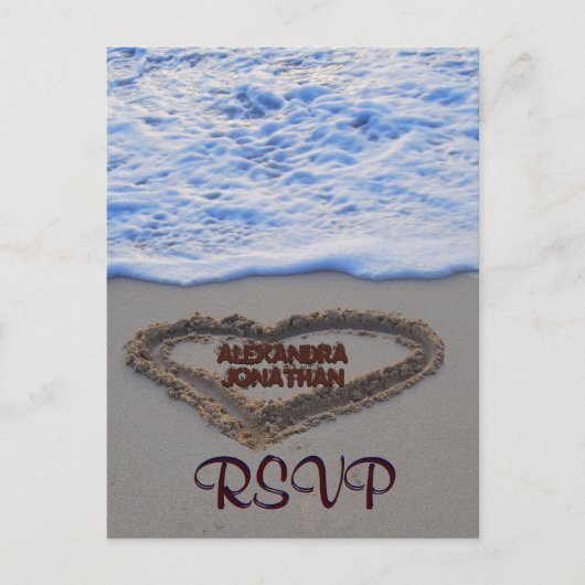 RSVP Heart in Sand at Beach Uitnodiging Briefkaart (Voorkant)