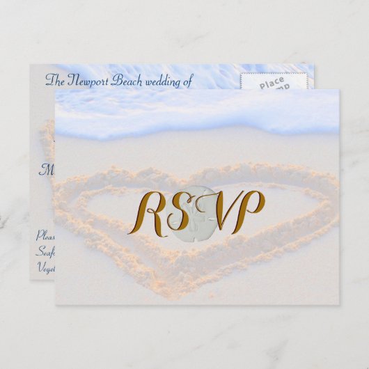 RSVP Heart in Sand at Beach Uitnodiging Briefkaart (Voorkant / Achterkant)