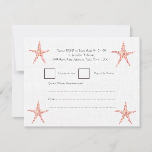 RSVP Honeysuckle Peach Starfish Beach Invite Kaart (Voorkant)