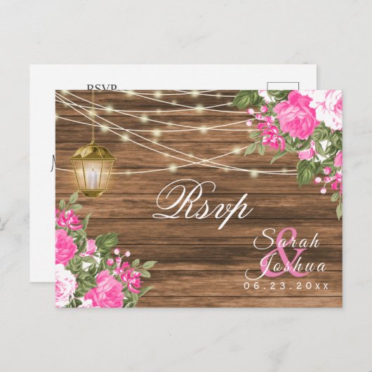 RSVP - Hout, Lantaarn en Roze Bloemen Bruiloft Briefkaart (Voorkant / Achterkant)