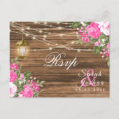 RSVP - Hout, Lantaarn en Roze Bloemen Bruiloft Briefkaart (Voorkant)