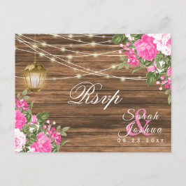 RSVP - Hout, Lantaarn en Roze Bloemen Bruiloft Briefkaart