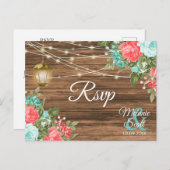 RSVP - Hout, Lantaarn en Teal, Koraal Bloemige Bru Briefkaart (Voorkant / Achterkant)