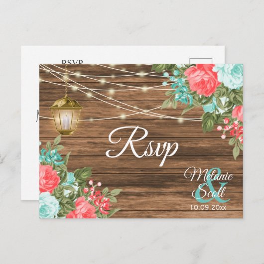 RSVP - Hout, Lantaarn en Teal, Koraal Bloemige Bru Briefkaart (Voorkant / Achterkant)