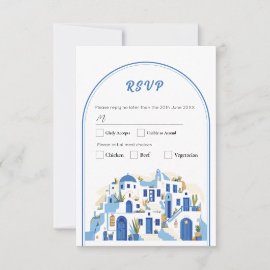RSVP Huwelijk Grieks Santorini Griekenland Blauw Kaart (Voorkant)