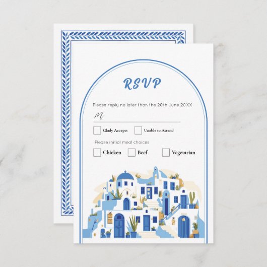 RSVP Huwelijk Grieks Santorini Griekenland Blauw Kaart (Voorkant / Achterkant)