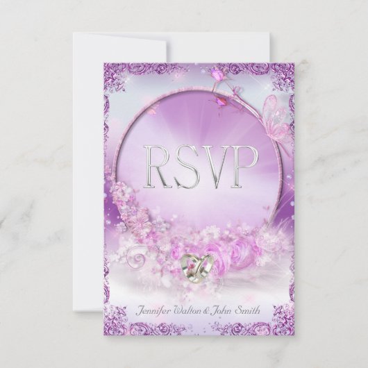 RSVP Huwelijk Roze Lilac Ringen Vlinder Kaart (Voorkant)
