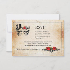 RSVP Huwelijk Schedels Schedel Rozen Rustieke Kaar Kaartje
