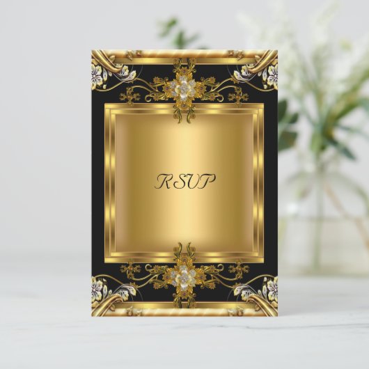 RSVP-huwelijksaanzoek Elegant Goud Bloem Sieradend RSVP Kaartje (Staand voorkant)