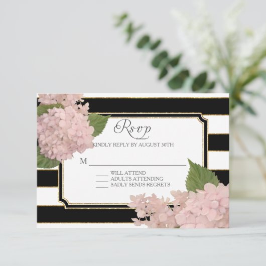 RSVP Hydrangea Modern Elegant Zwart Wit Streep Kaartje (Staand voorkant)