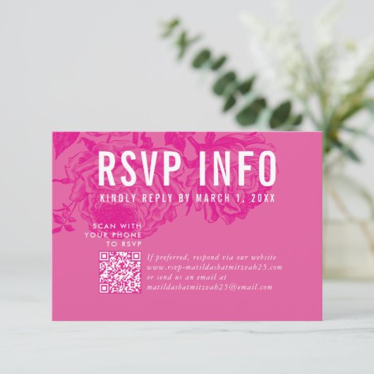 RSVP INFO KAART moderne bloemen  roze qrcode (Staand voorkant)