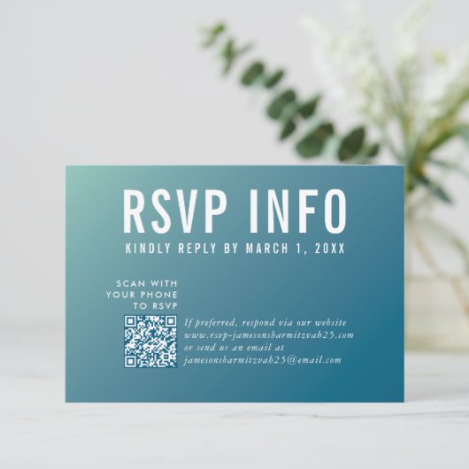 RSVP INFO KAART moderne donkerblauwe mint qrcode (Staand voorkant)