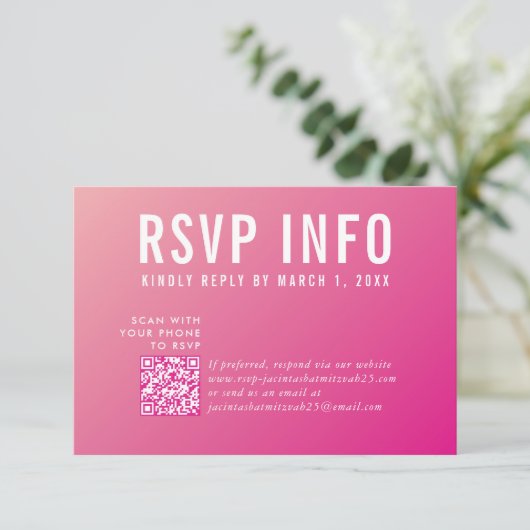 RSVP INFO KAART moderne  felroze qrcode (Staand voorkant)