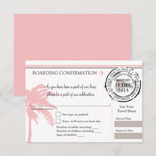 RSVP-instapkaart naar Dominicaanse Republiek | Roz RSVP Kaartje (Voorkant / Achterkant)