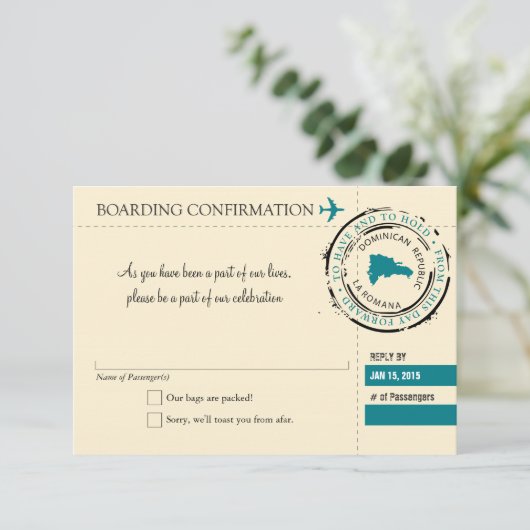 RSVP-instapkaart naar Dominicaanse Republiek RSVP Kaartje (Staand voorkant)
