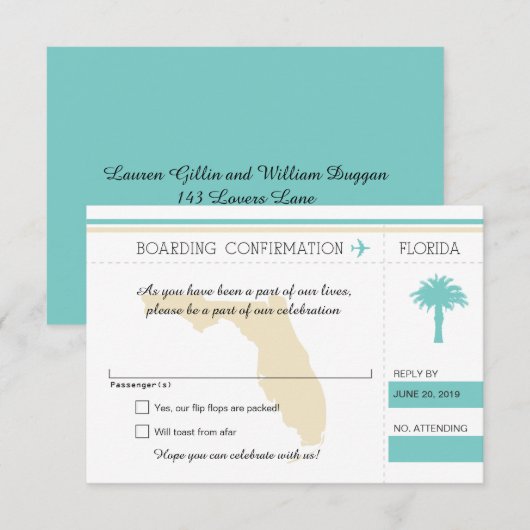 RSVP Instapkaart Naar Florida Oceaan Blauw & Crème (Voorkant / Achterkant)