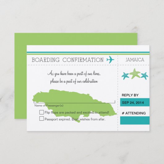 RSVP-instapkaart naar JAMAICA RSVP Kaartje (Voorkant / Achterkant)