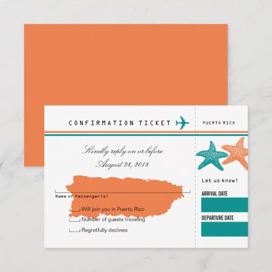 RSVP-instapkaart naar Puerto Rico RSVP Kaartje (Voorkant / Achterkant)