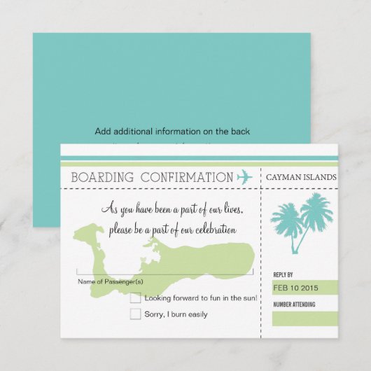 RSVP-instapkaart voor CAYMAN-EILANDEN RSVP Kaartje (Voorkant / Achterkant)