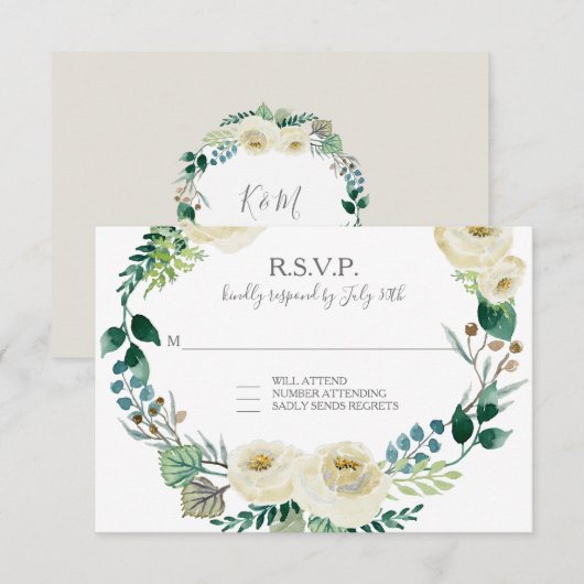 RSVP Ivory Roos Floral BOHO Leaf Wreate Waterverf Kaartje (Voorkant / Achterkant)