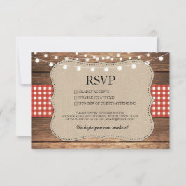 RSVP Jute Huwelijk Hout Rustieke Rode Geruite Kaar Kaartje