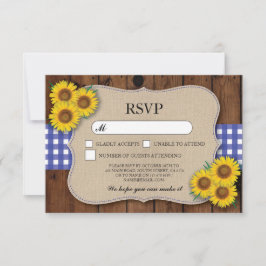 RSVP Jute Huwelijk Houten Rustieke Blauwe Geruite  Kaartje