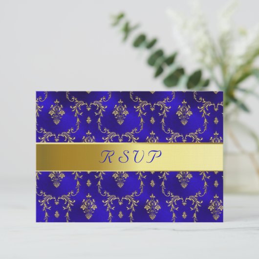 RSVP-kaart—Blauw en goud RSVP Kaartje (Staand voorkant)
