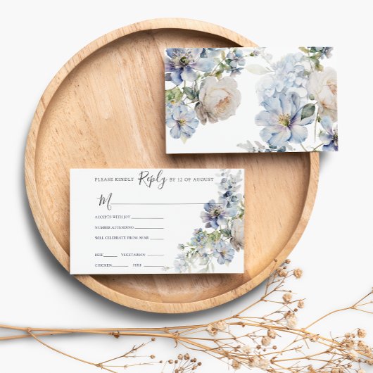 RSVP-kaart blauwe en witte Floral bruiloft RSVP Kaartje