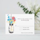 RSVP-kaart Blauwe Wilde Bloemen & Mason Jar RSVP Kaartje (Staand voorkant)