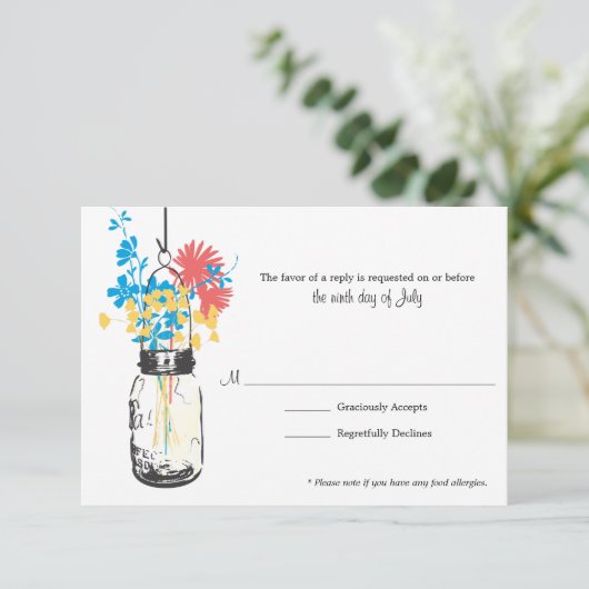 RSVP-kaart Blauwe Wilde Bloemen & Mason Jar RSVP Kaartje (Staand voorkant)