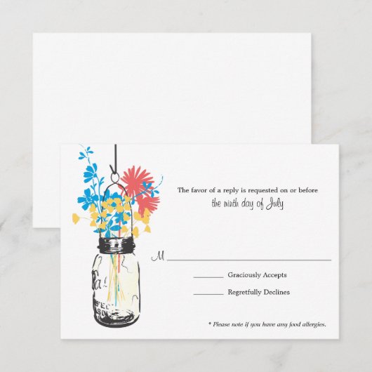 RSVP-kaart Blauwe Wilde Bloemen & Mason Jar RSVP Kaartje (Voorkant / Achterkant)